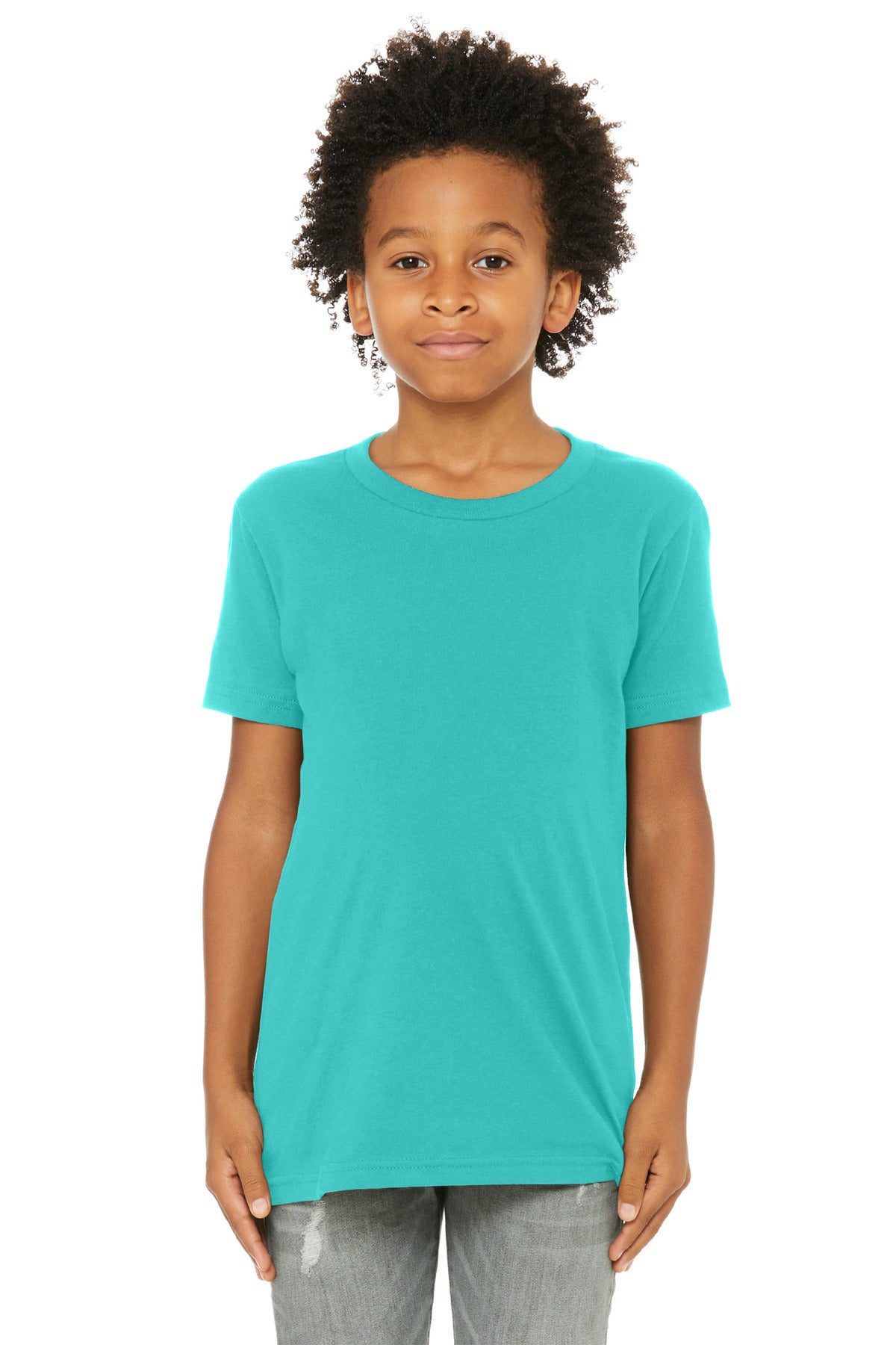 Front View of Teal BELLA+CANVAS Youth Jersey Short Sleeve Tee. BC3001Y