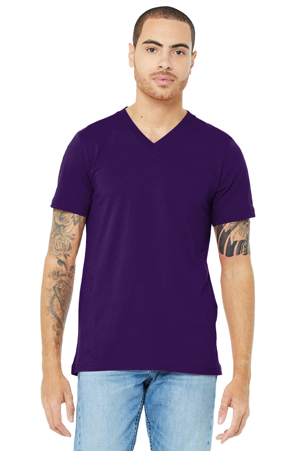 Front View of Team Purple BELLA+CANVAS Unisex Jersey Short Sleeve V-Neck Tee. BC3005