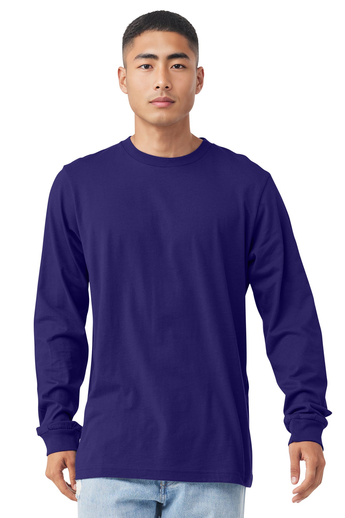 Front View of TeamPurple BELLA+CANVAS Unisex Jersey Long Sleeve Tee. BC3501