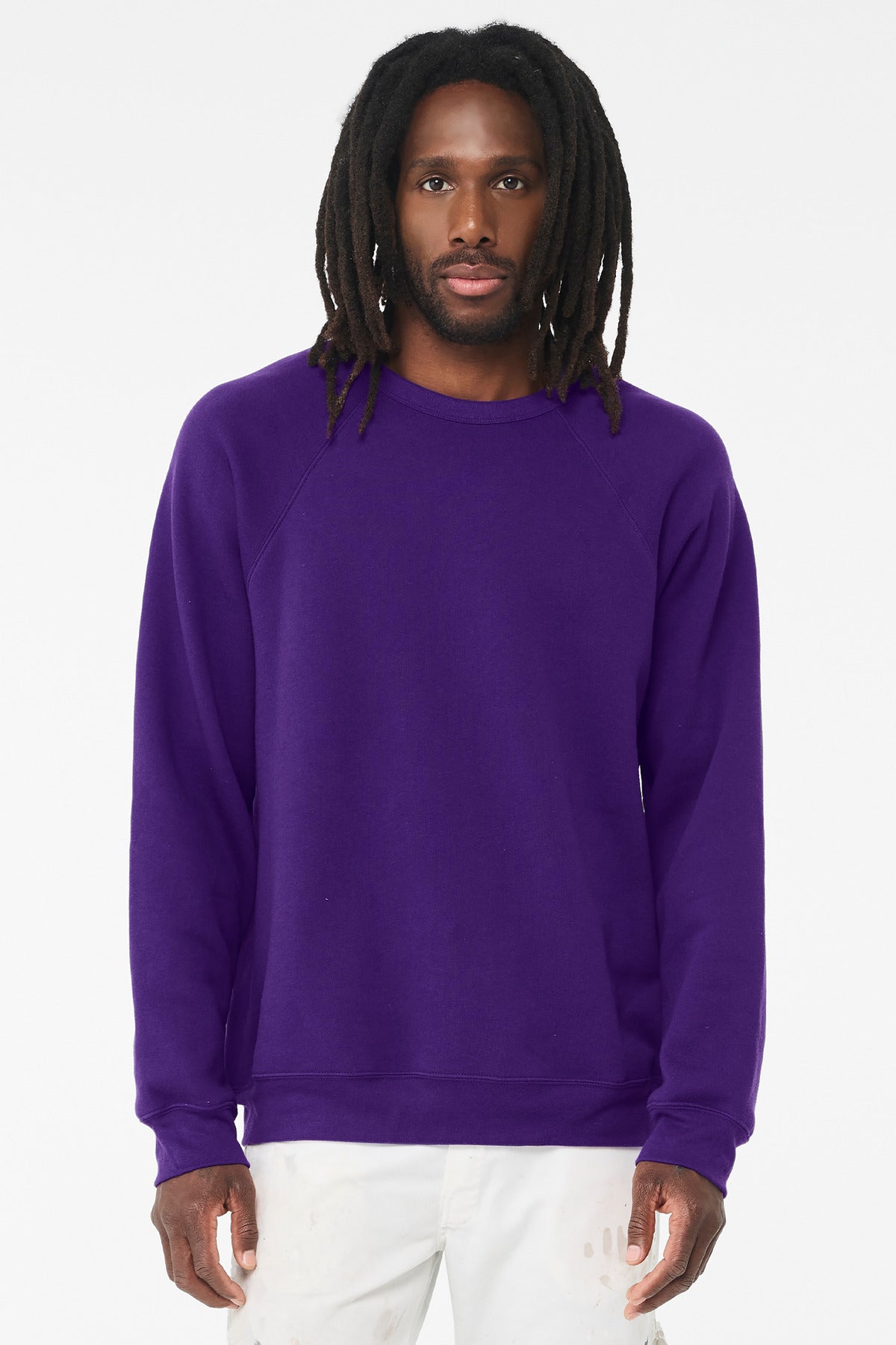 Front View of TeamPurple BELLA+CANVAS Unisex Sponge Fleece Raglan Sweatshirt. BC3901