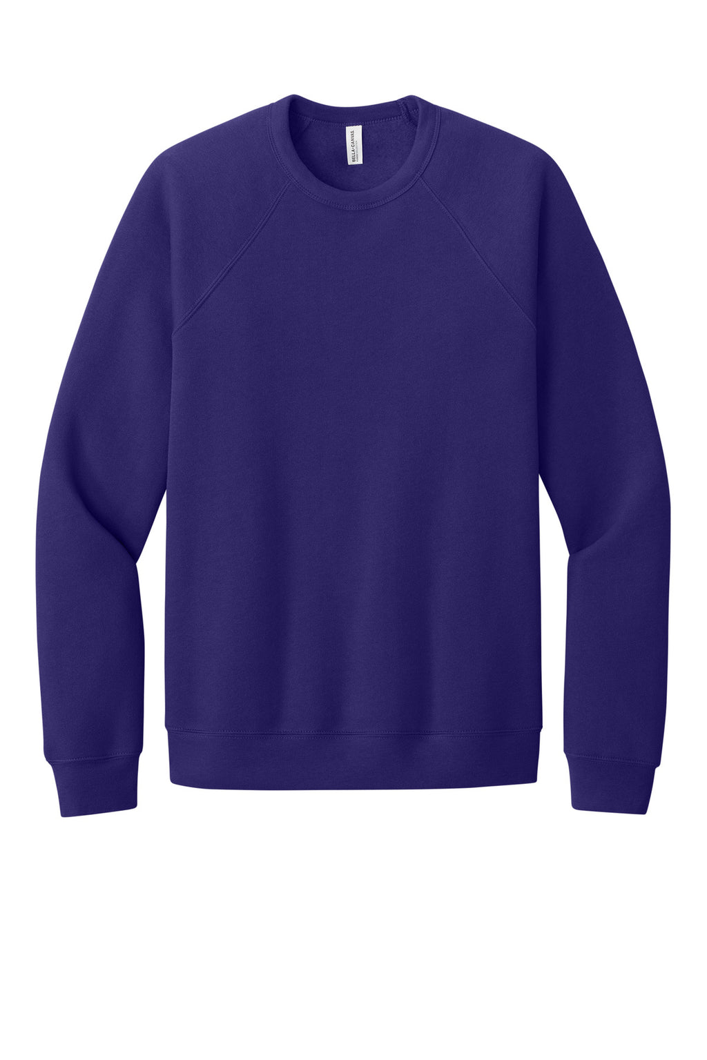 Front View of TeamPurple BELLA+CANVAS Unisex Sponge Fleece Raglan Sweatshirt. BC3901