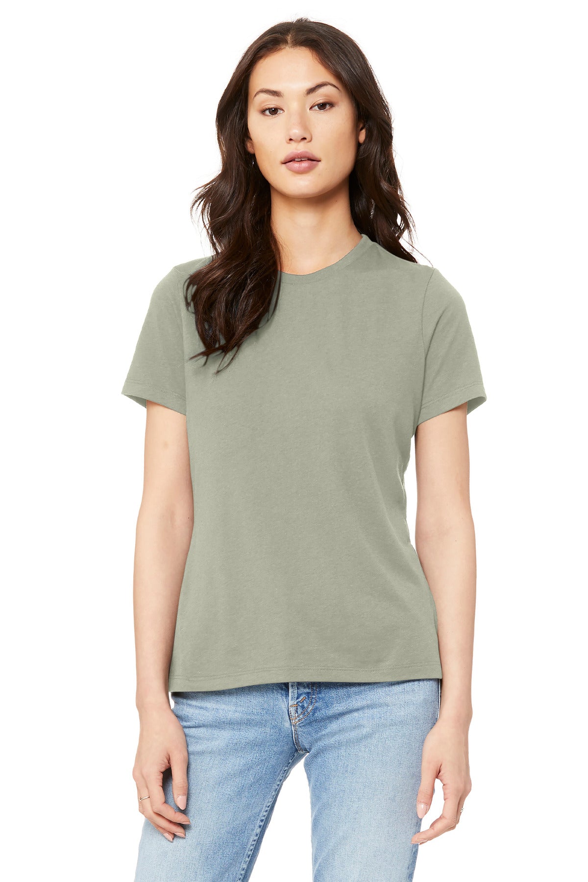 Front View of Thyme BELLA+CANVAS Women's Relaxed Jersey Short Sleeve Tee. BC6400