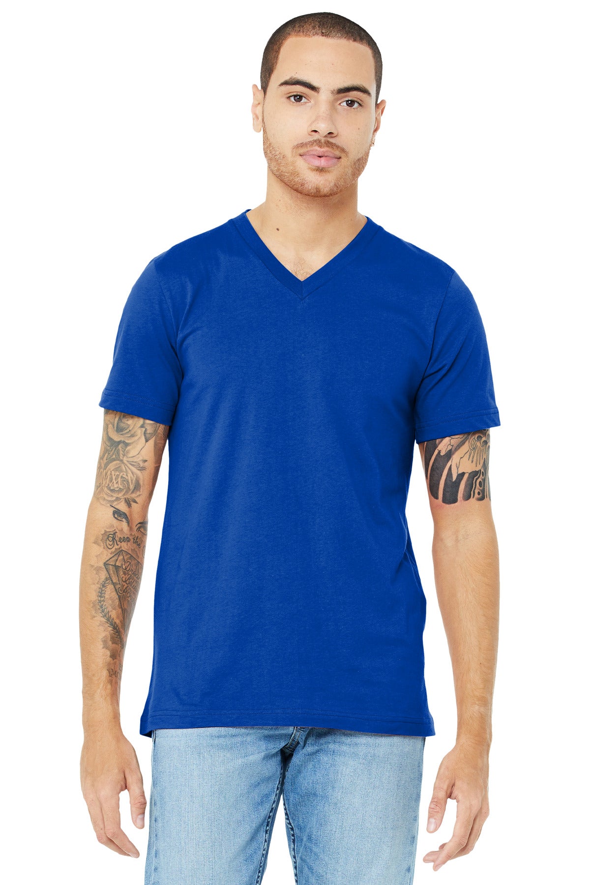 Front View of True Royal BELLA+CANVAS Unisex Jersey Short Sleeve V-Neck Tee. BC3005