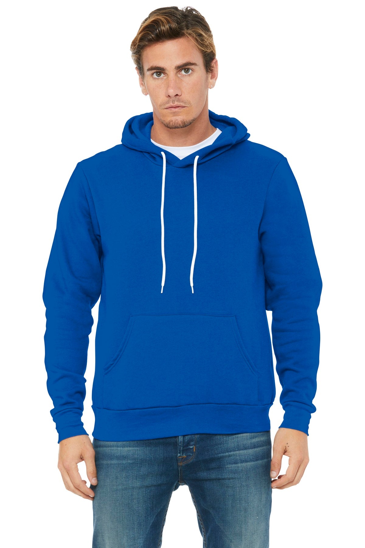 Front View of True Royal BELLA+CANVAS Unisex Sponge Fleece Pullover Hoodie. BC3719