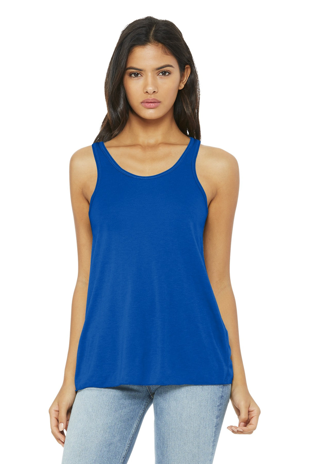 Front View of True Royal BELLA+CANVAS Women's Flowy Racerback Tank. BC8800