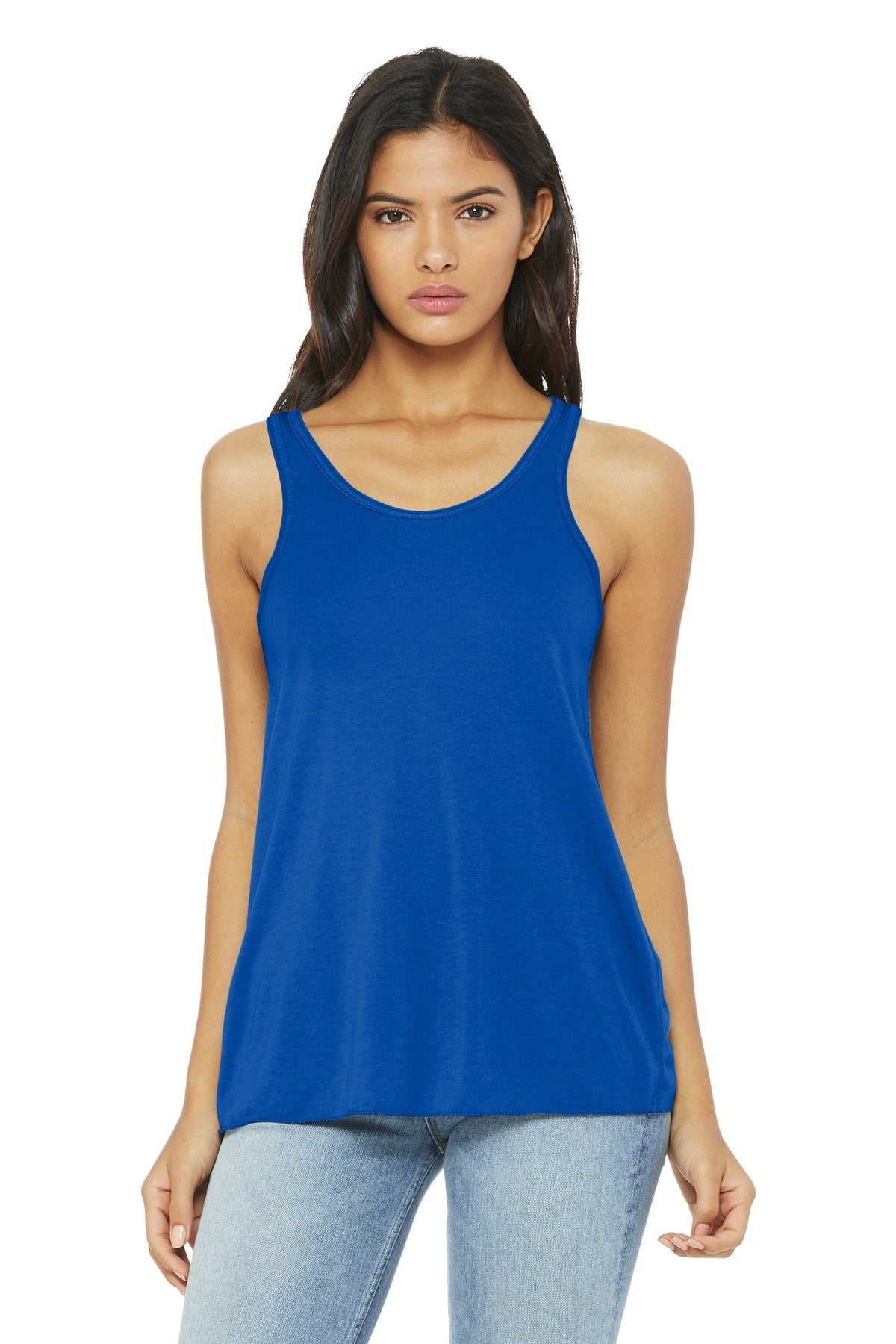 Front View of True Royal BELLA+CANVAS Women's Flowy Racerback Tank. BC8800