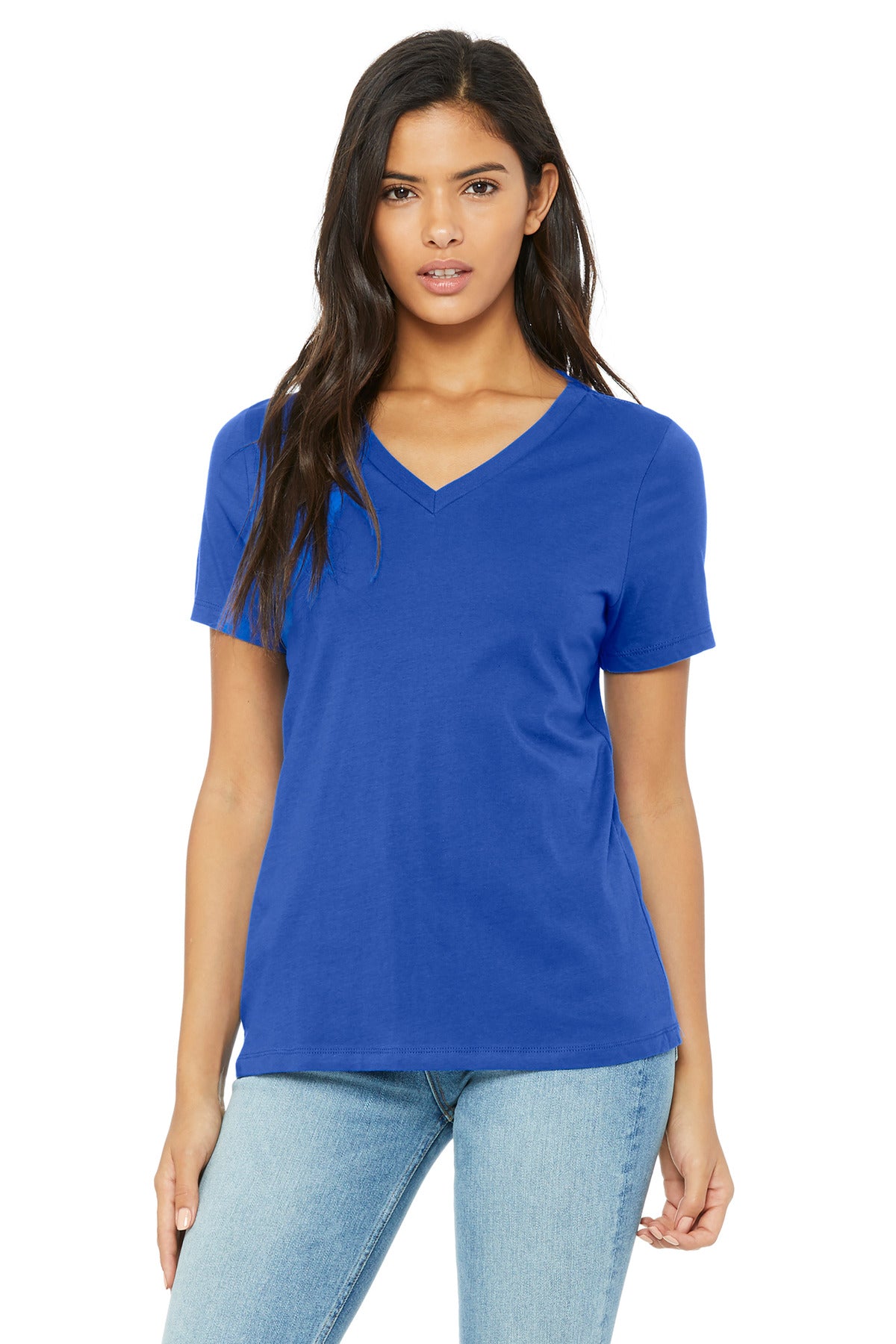 Front View of TrueRoyal BELLA+CANVAS Women's Relaxed Jersey Short Sleeve V-Neck Tee. BC6405
