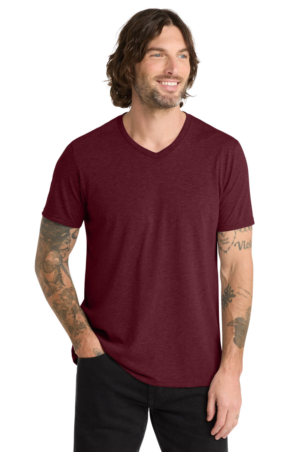 Front View of Vino Red Allmade Unisex Tri-Blend V-Neck Tee AL2014