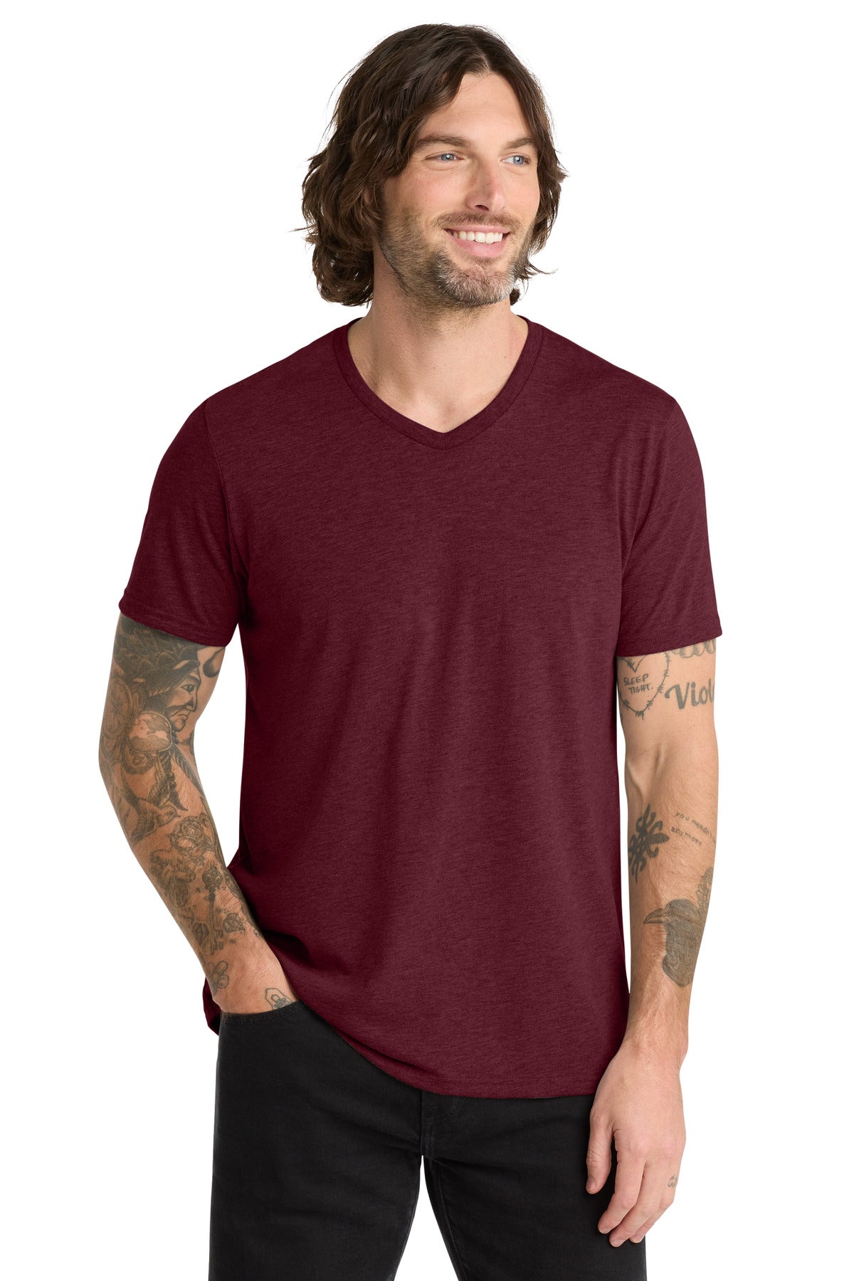 Front View of Vino Red Allmade Unisex Tri-Blend V-Neck Tee AL2014
