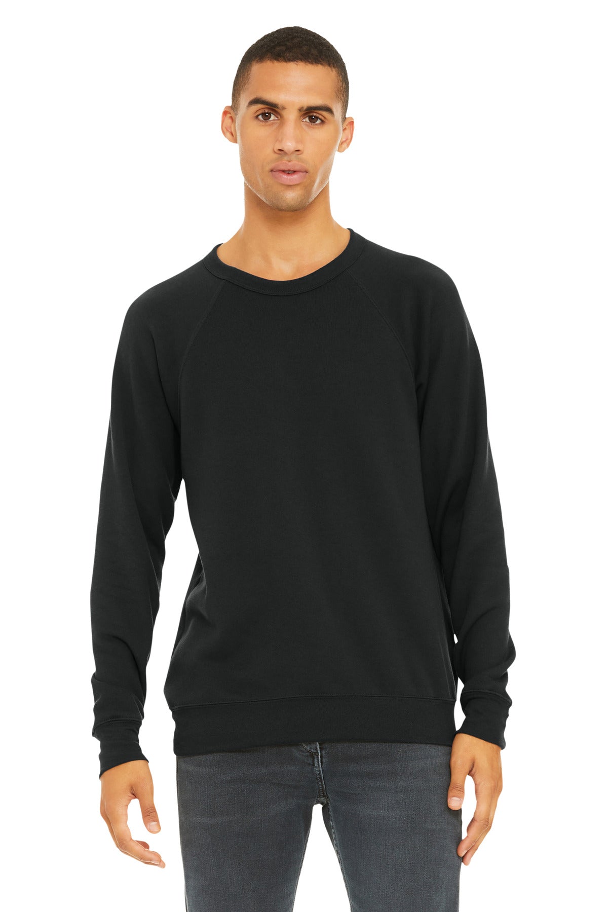 Front View of VtgBlack BELLA+CANVAS Unisex Sponge Fleece Raglan Sweatshirt. BC3901