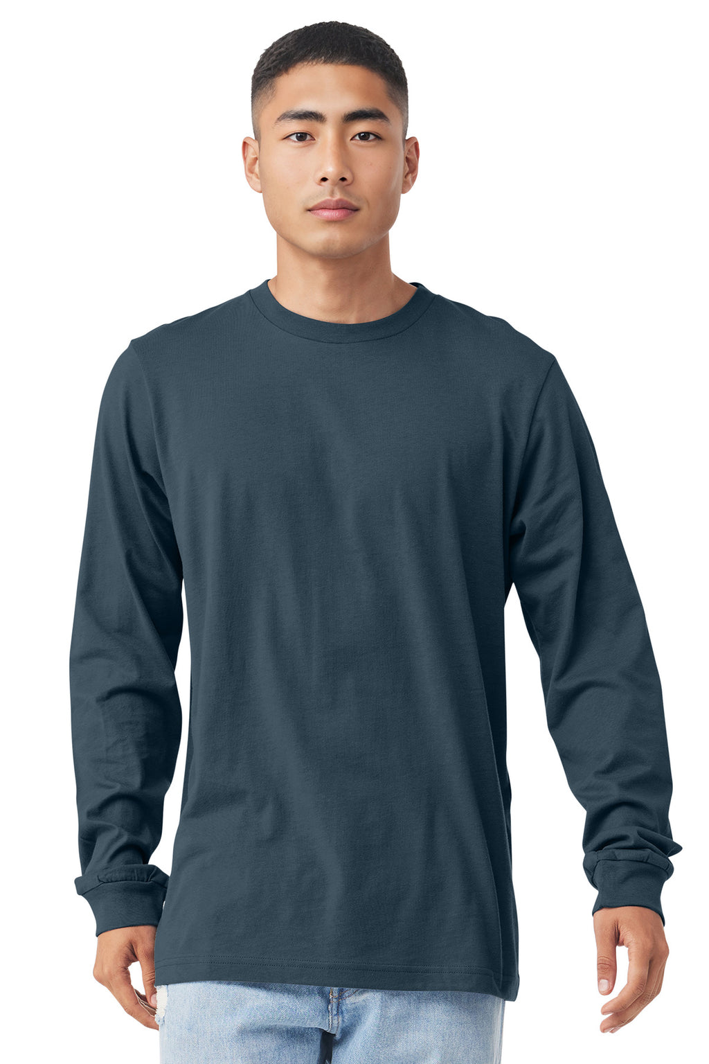 Front View of VtgNavy BELLA+CANVAS Unisex Jersey Long Sleeve Tee. BC3501