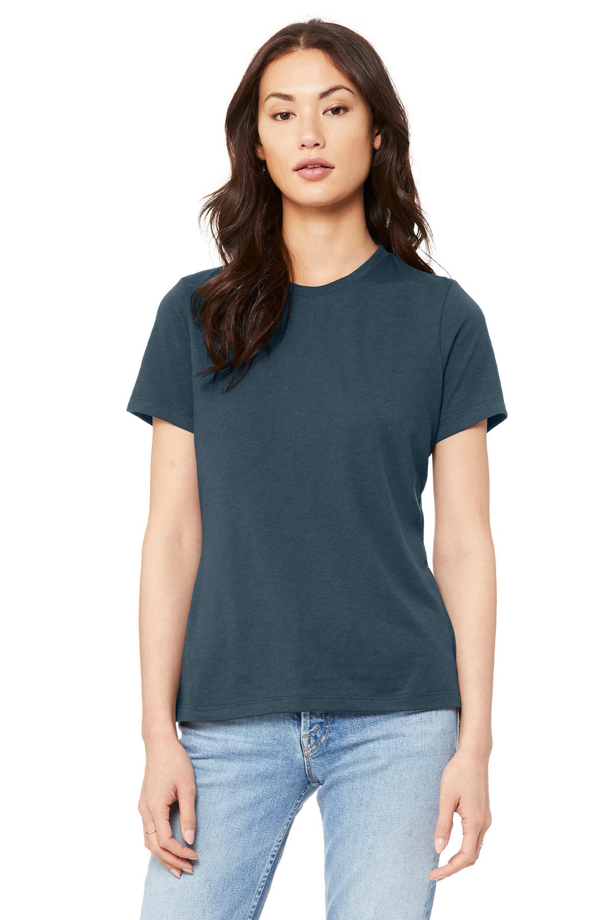 Front View of VtgNavy BELLA+CANVAS Women's Relaxed Jersey Short Sleeve Tee. BC6400