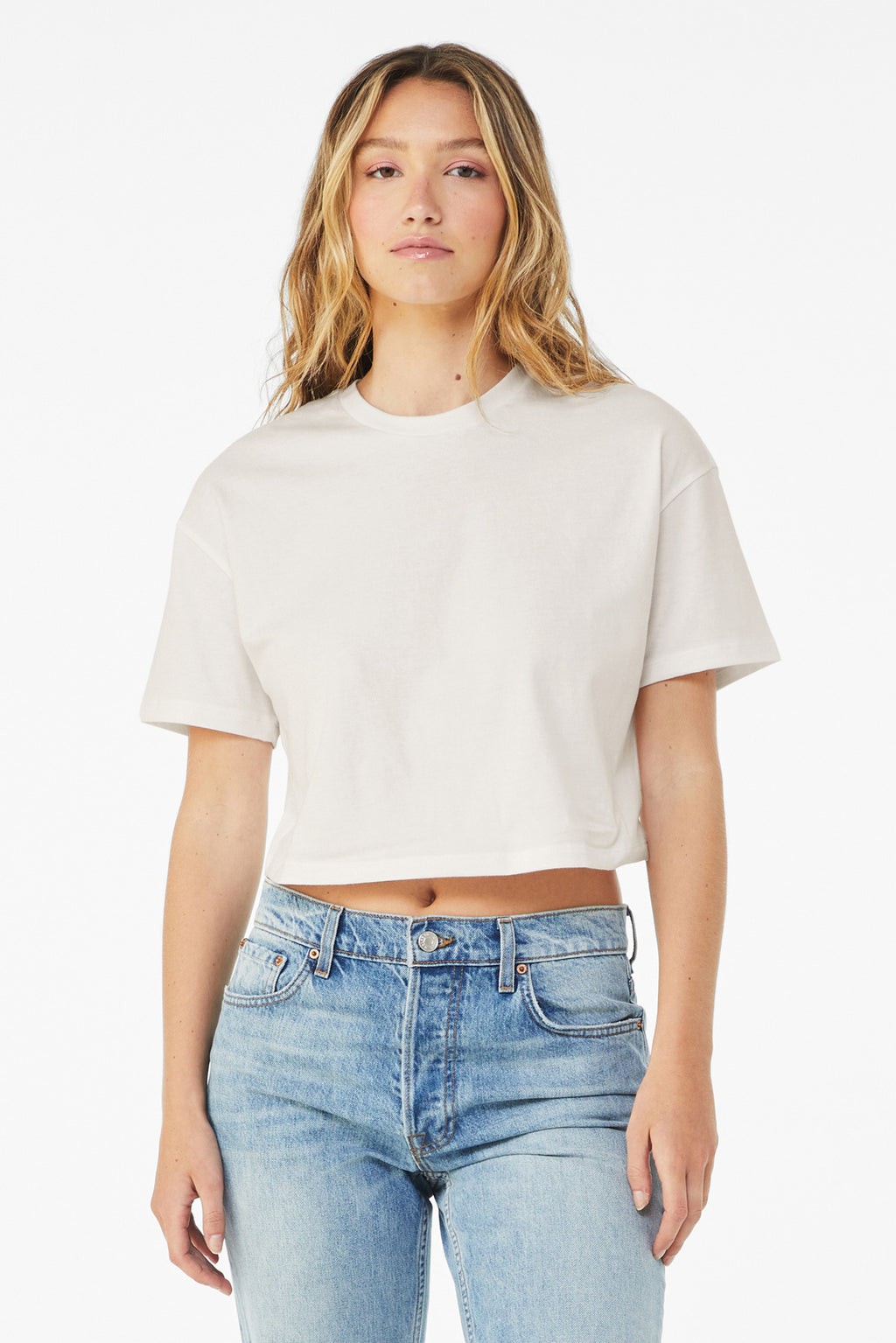 Front View of VtgWhite BELLA+CANVAS Women's Jersey Crop Tee BC6482