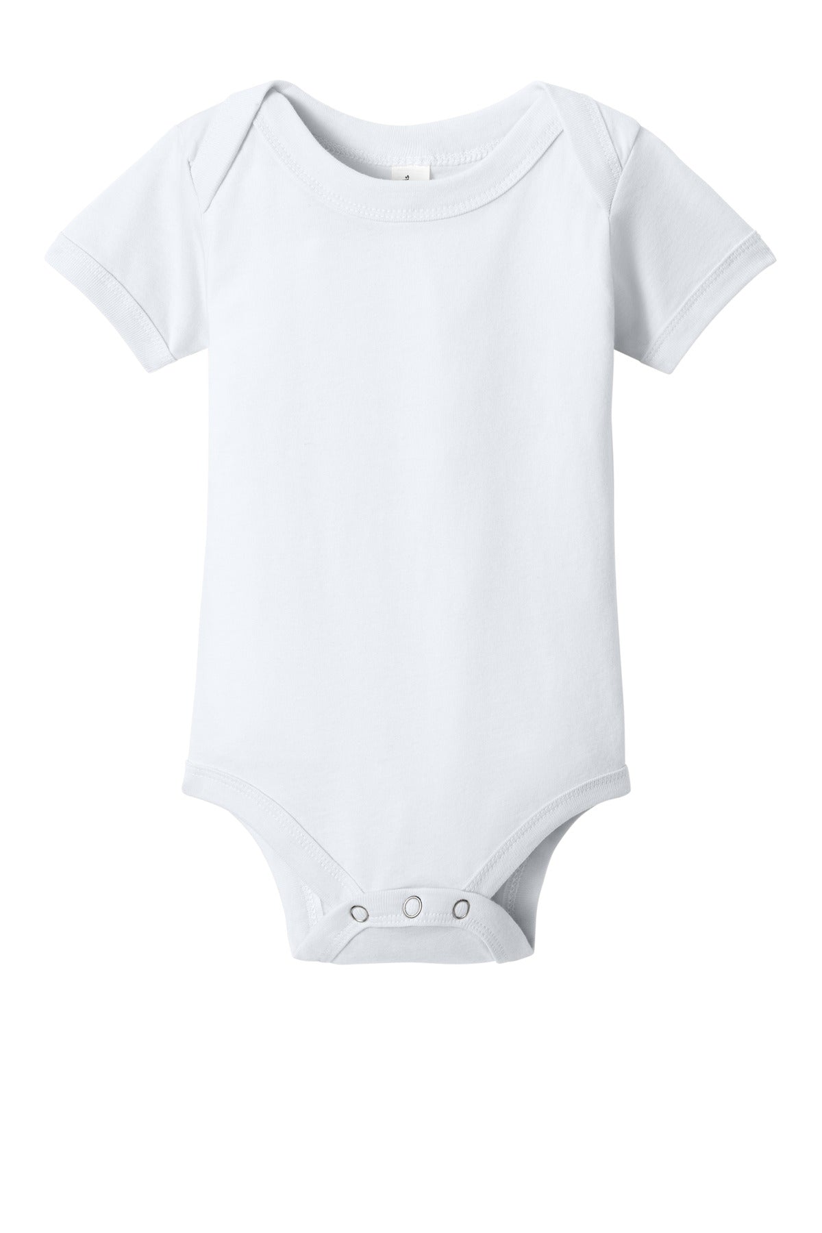 Front View of White BELLA+CANVAS Infant Jersey Short Sleeve One Piece BC100B