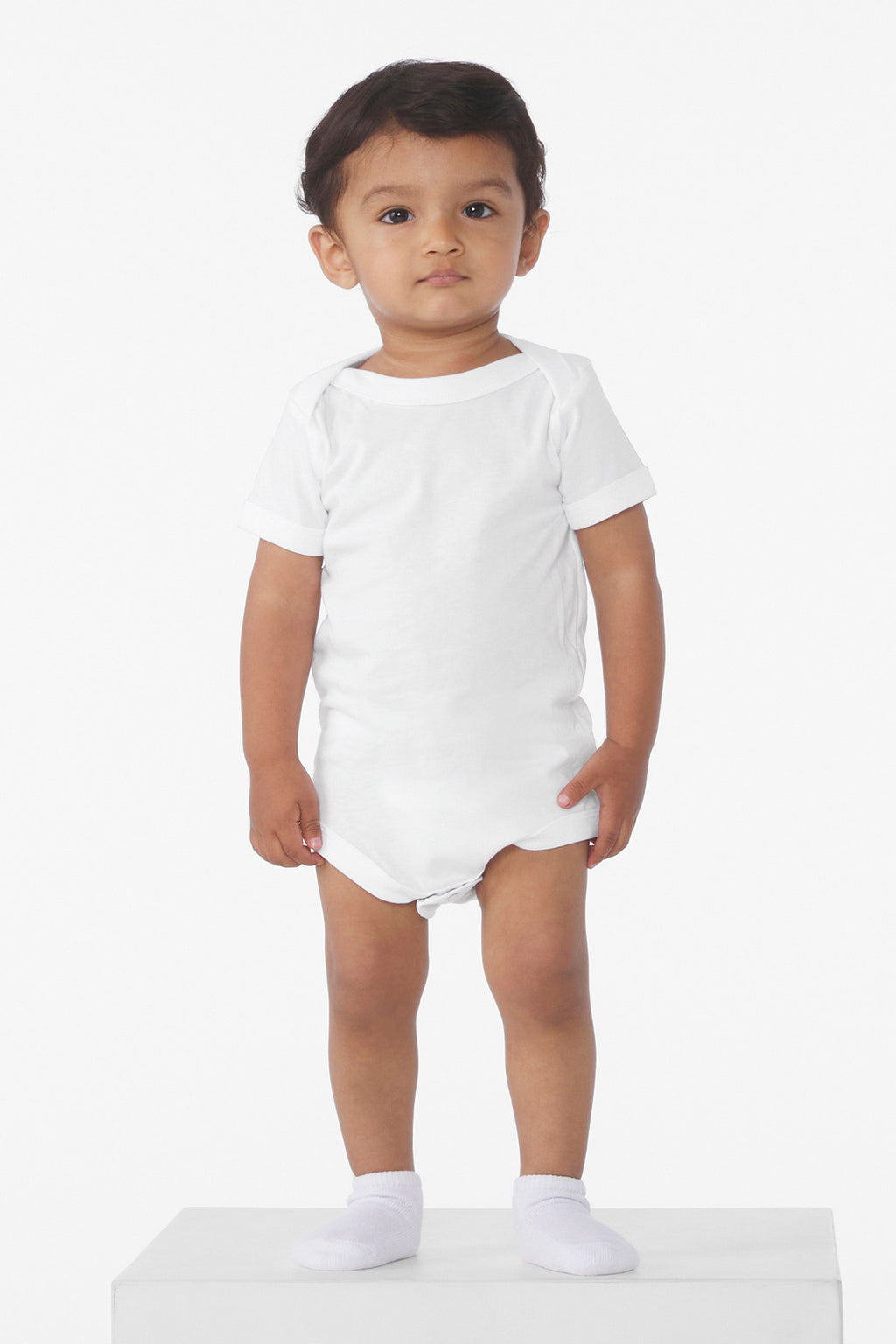 Front View of White BELLA+CANVAS Infant Jersey Short Sleeve One Piece BC100B
