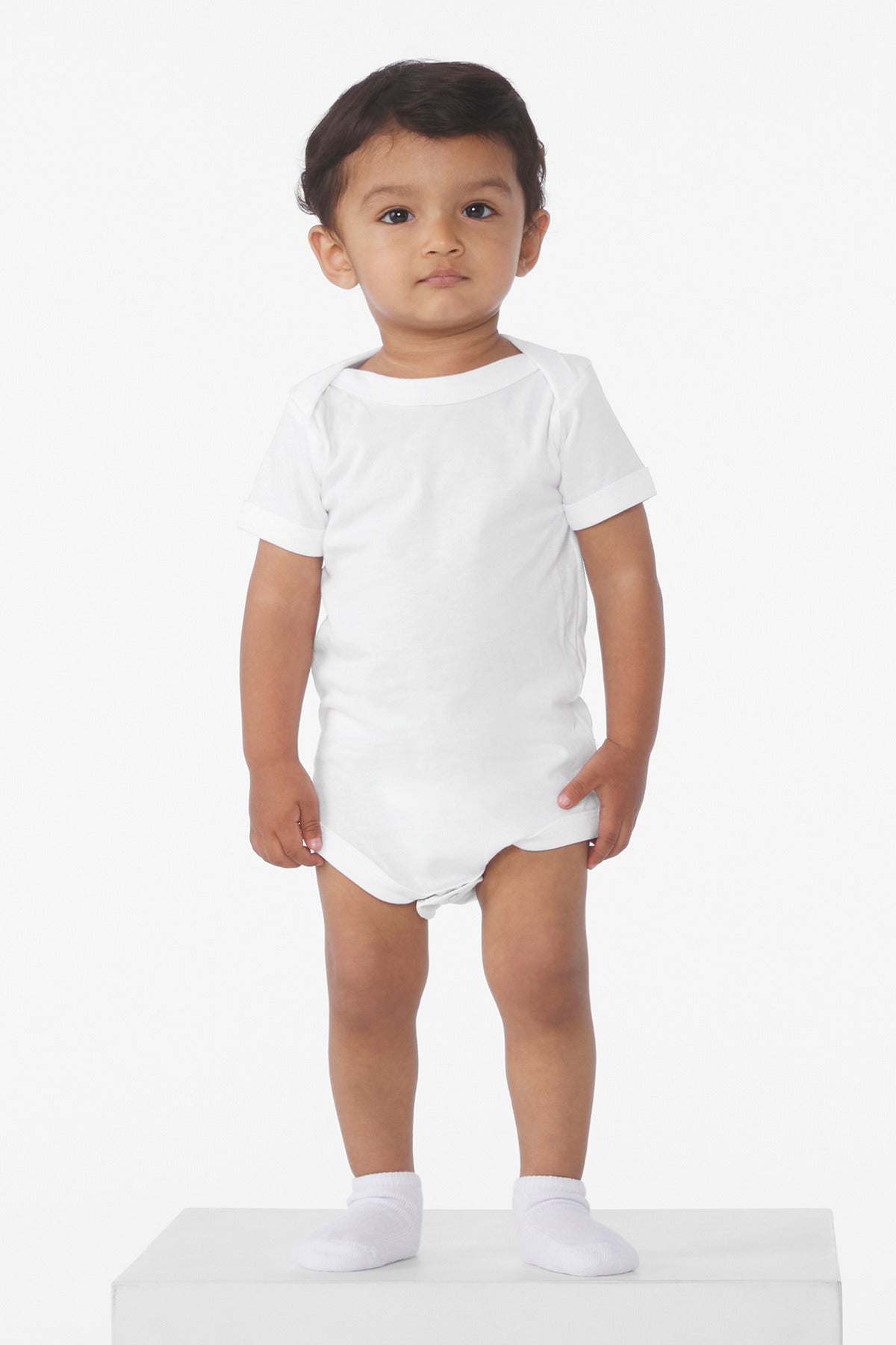 Front View of White BELLA+CANVAS Infant Jersey Short Sleeve One Piece BC100B