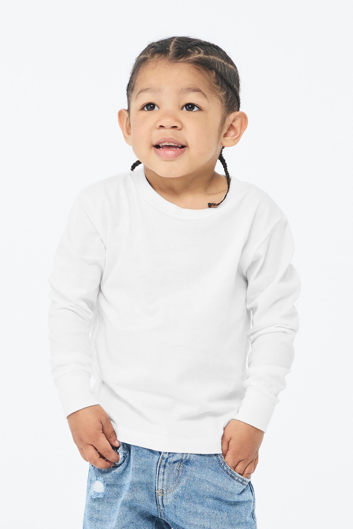 Front View of White BELLA+CANVAS Toddler Jersey Long Sleeve Tee BC3501T