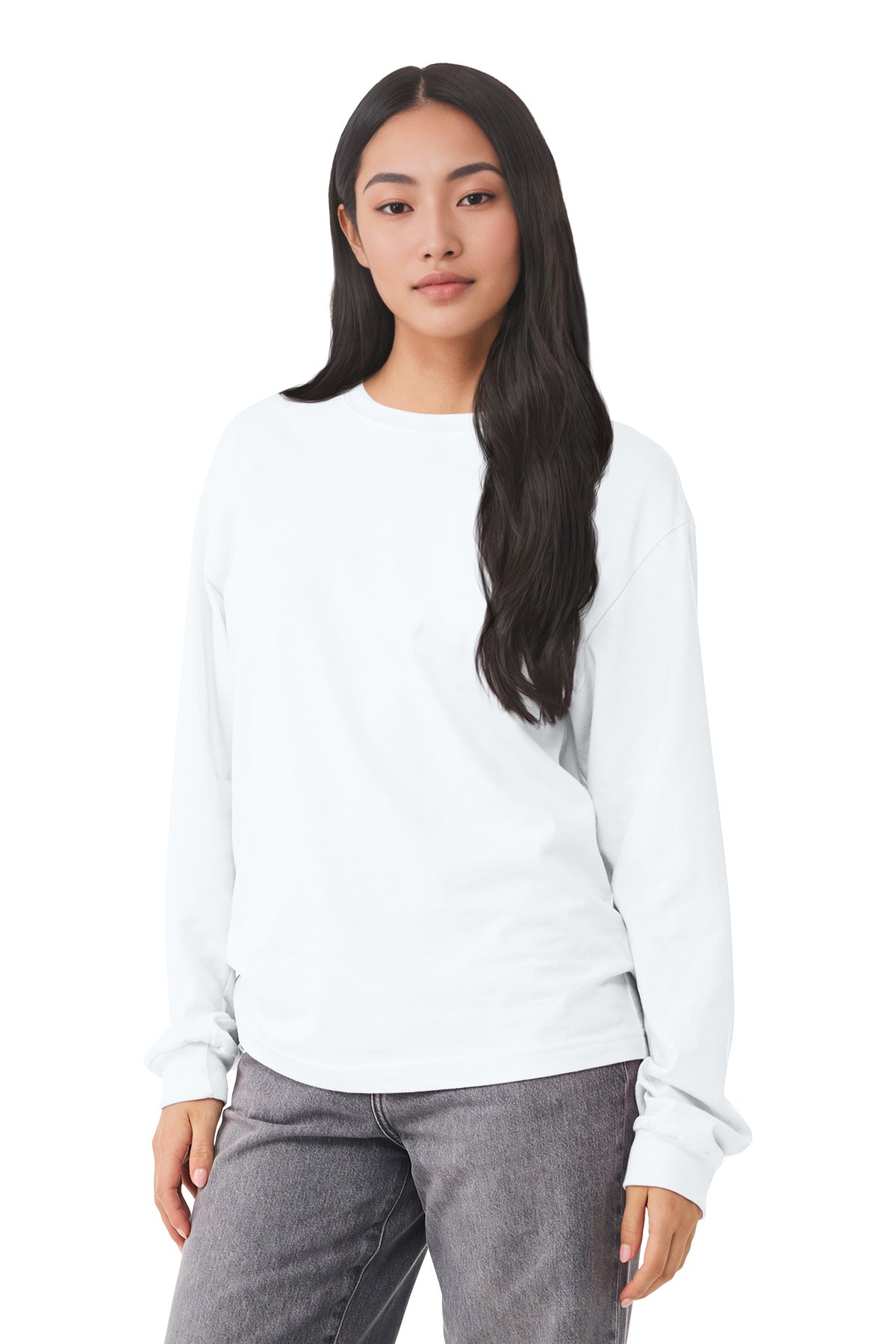 Front View of White BELLA+CANVAS Unisex 6-Ounce Heavyweight Long Sleeve Tee BC3511