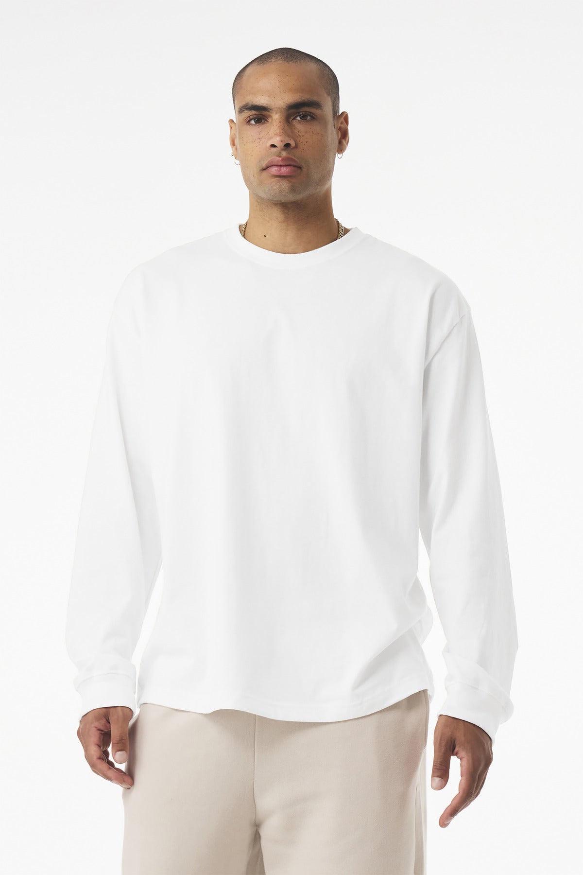 Front View of White BELLA+CANVAS Unisex 7.5-Ounce Heavyweight Long Sleeve Tee BC4651