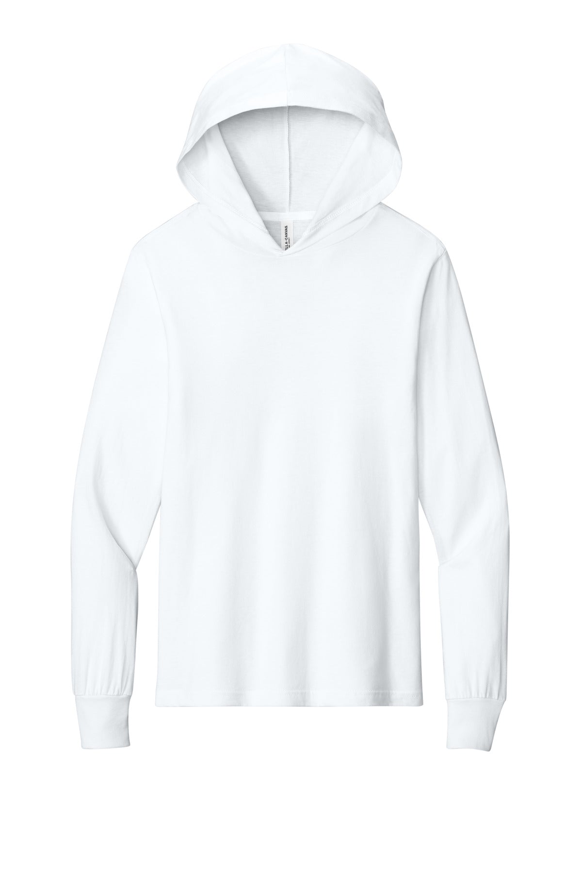 Front View of White BELLA+CANVAS Unisex Jersey Long Sleeve Hoodie. BC3512
