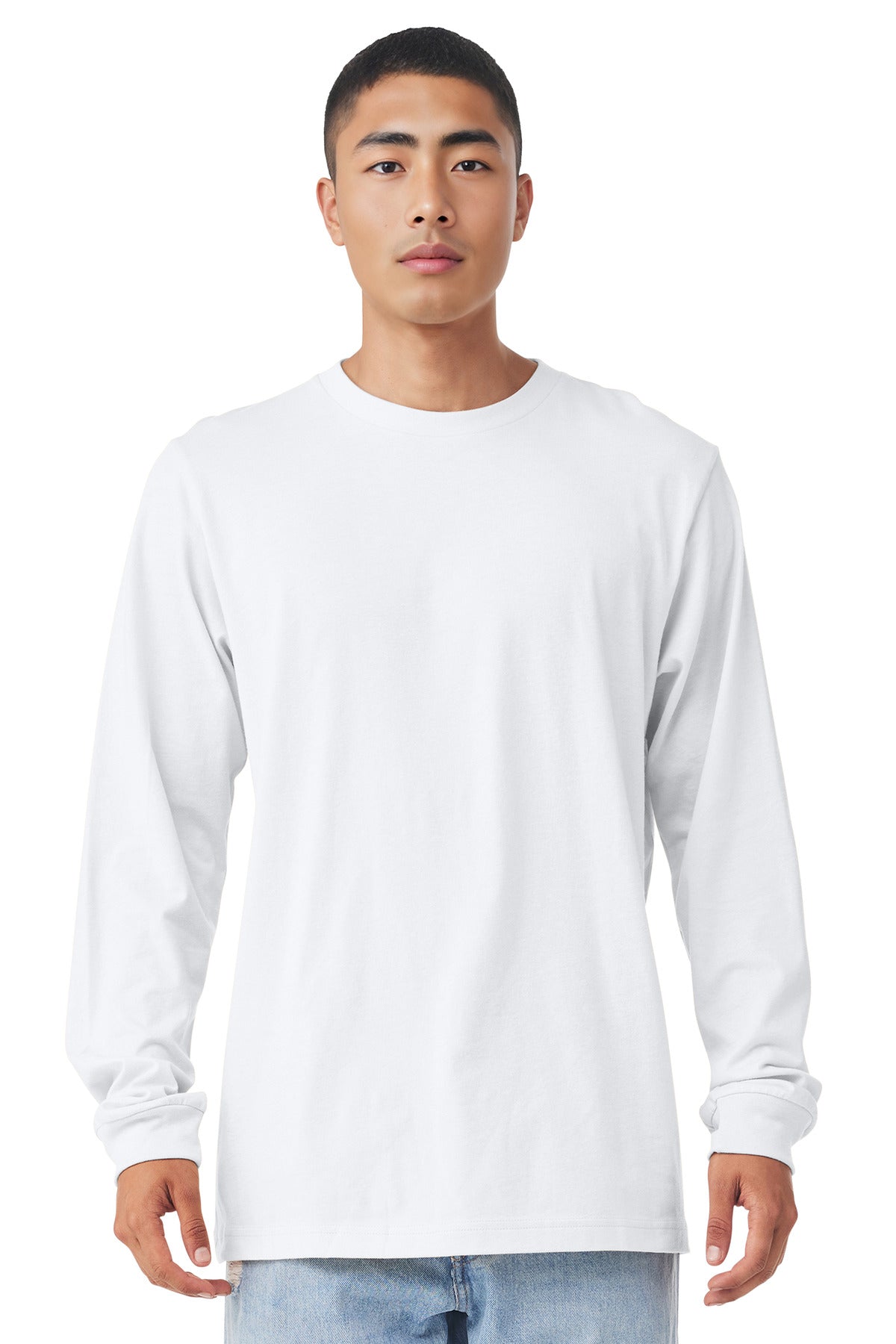 Front View of White BELLA+CANVAS Unisex Jersey Long Sleeve Tee. BC3501