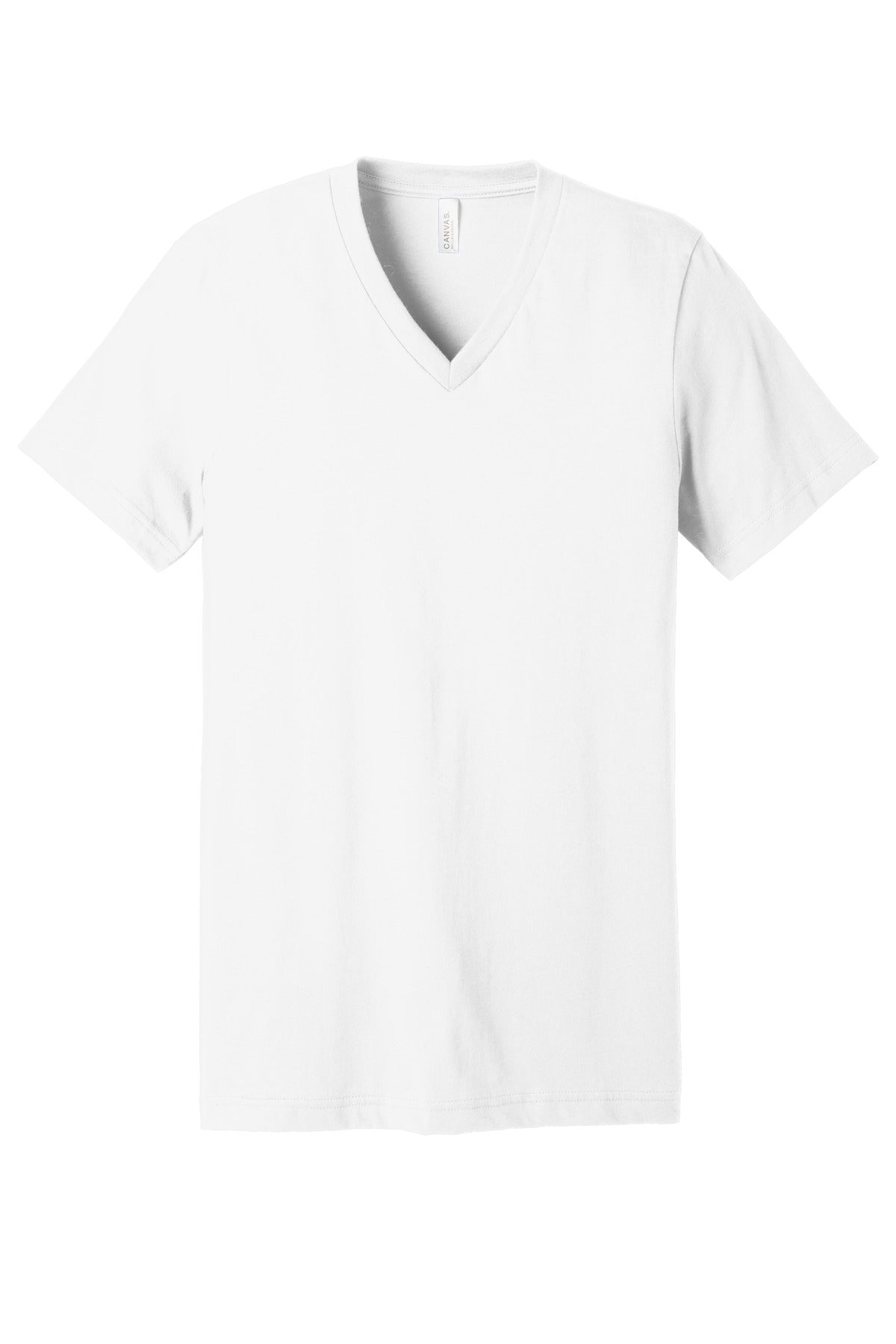 Front View of White BELLA+CANVAS Unisex Jersey Short Sleeve V-Neck Tee. BC3005