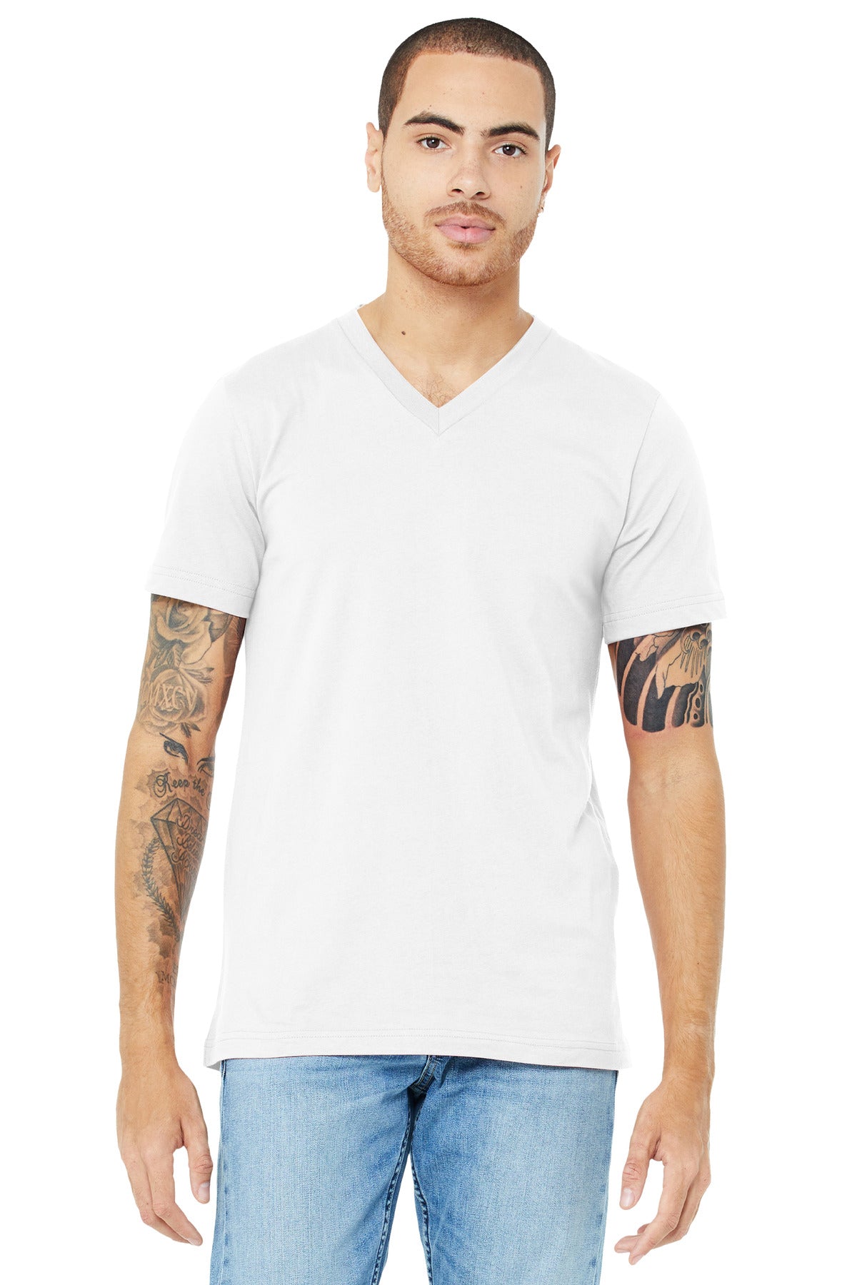 Front View of White BELLA+CANVAS Unisex Jersey Short Sleeve V-Neck Tee. BC3005