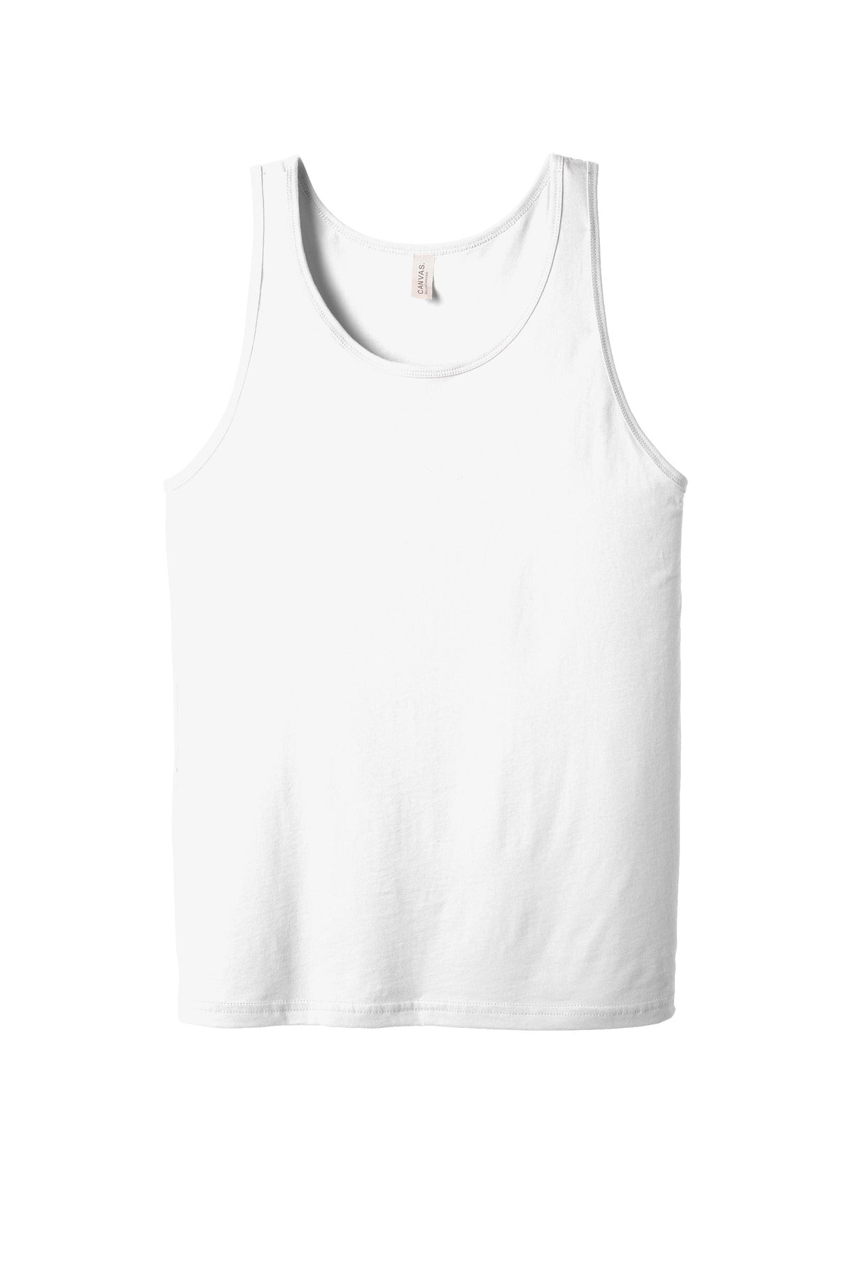 Front View of White BELLA+CANVAS Unisex Jersey Tank. BC3480