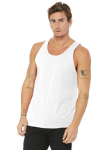 Front View of White BELLA+CANVAS Unisex Jersey Tank. BC3480
