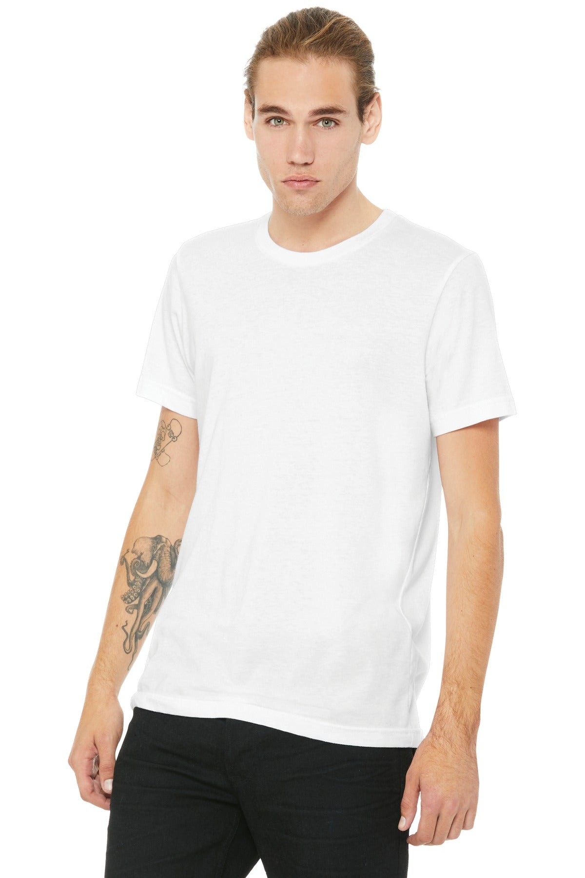 Front View of White BELLA+CANVAS Unisex Poly-Cotton Short Sleeve Tee. BC3650