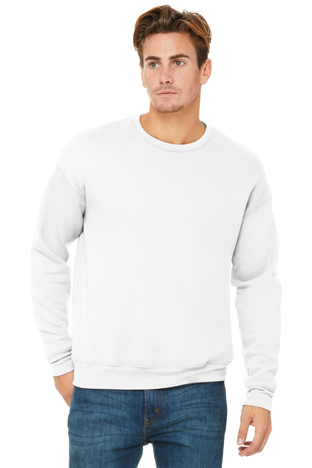 Front View of White BELLA+CANVAS Unisex Sponge Fleece Drop Shoulder Sweatshirt. BC3945