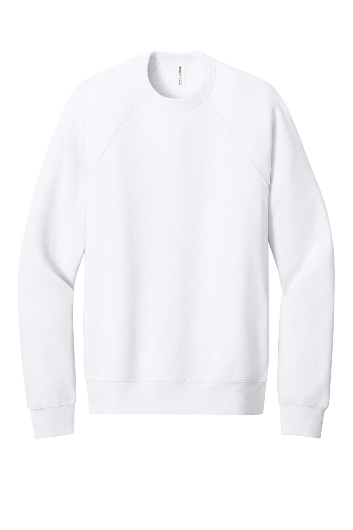Front View of White BELLA+CANVAS Unisex Sponge Fleece Raglan Sweatshirt. BC3901