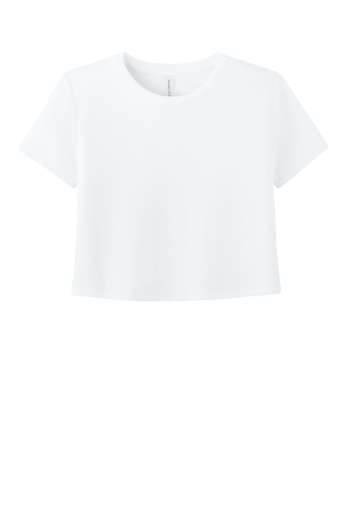Front View of White BELLA+CANVAS Women's Flowy Cropped Tee BC8882