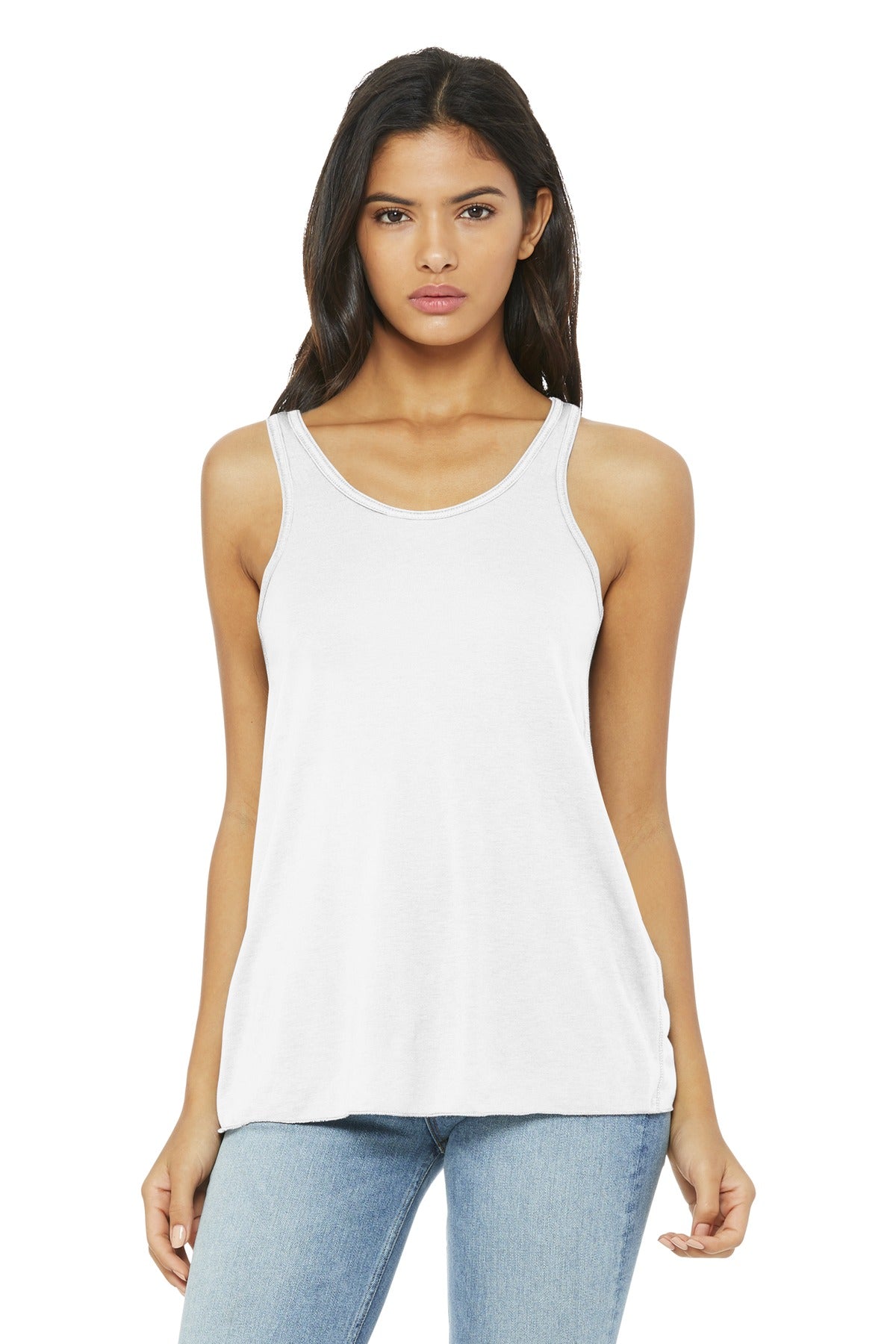 Front View of White BELLA+CANVAS Women's Flowy Racerback Tank. BC8800