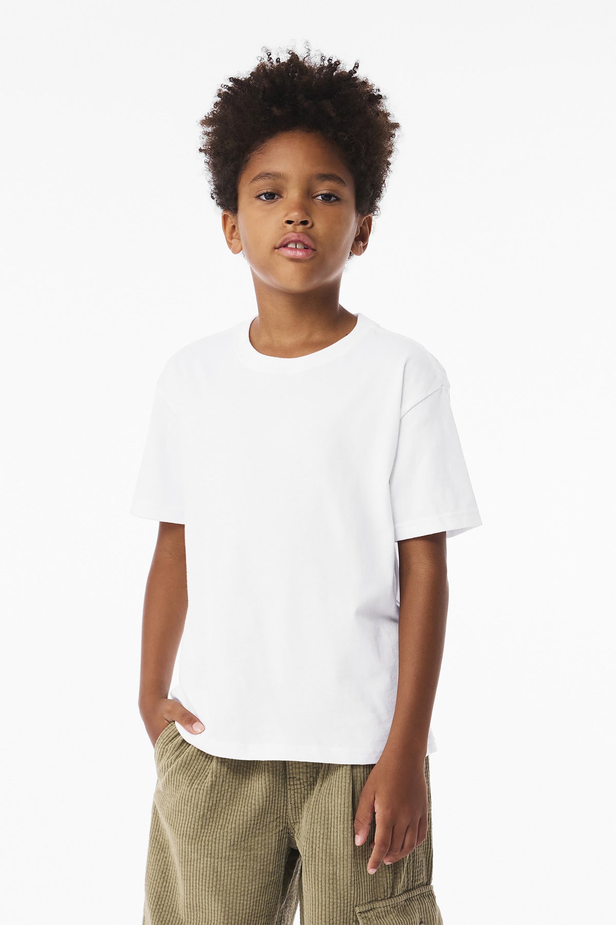 Front View of White BELLA+CANVAS Youth 6-Ounce Heavyweight Tee BC3010Y