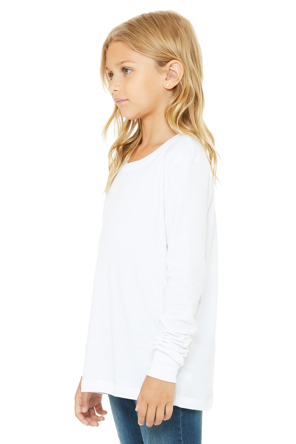 Front View of White BELLA+CANVAS Youth Jersey Long Sleeve Tee BC3501Y