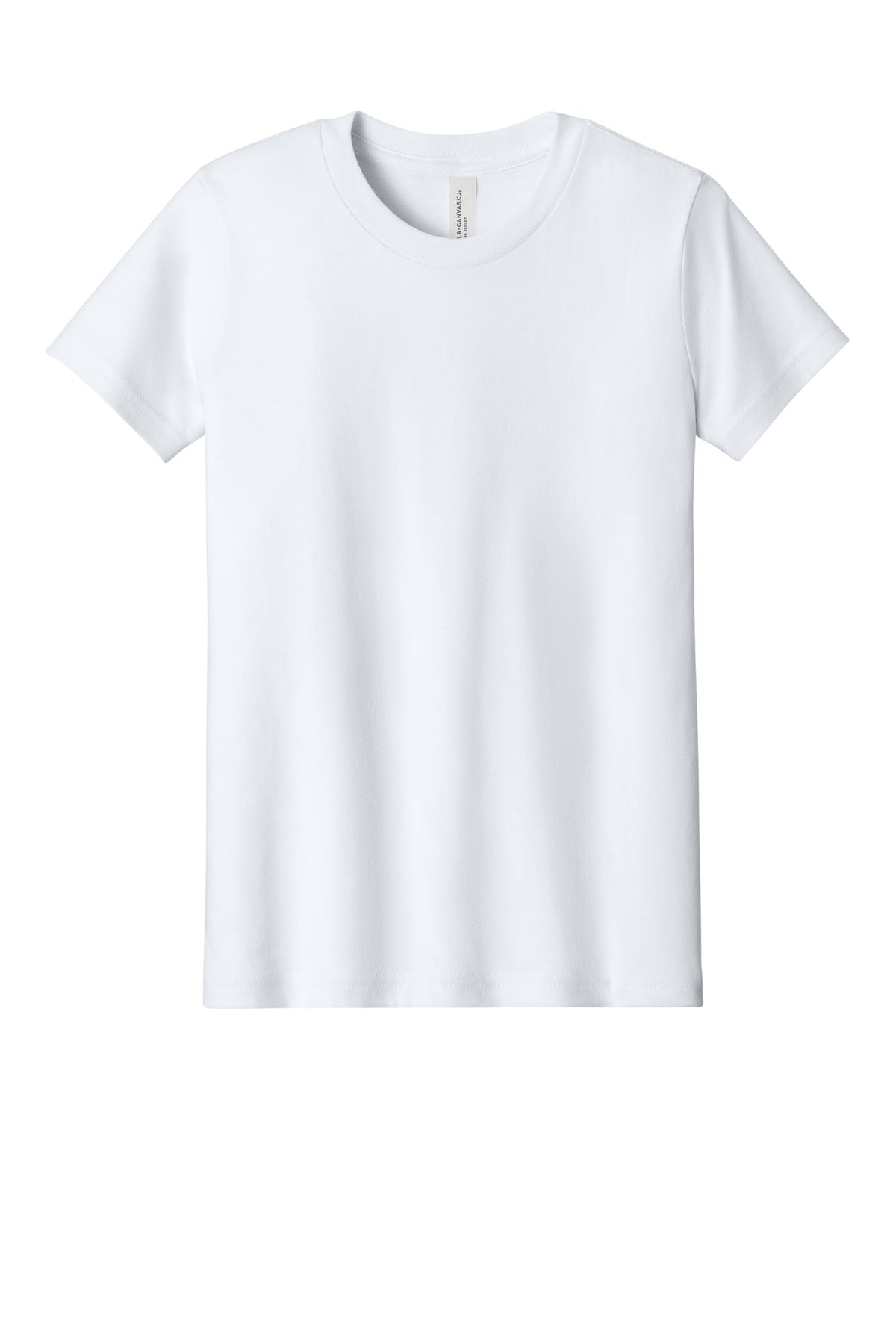 Front View of White BELLA+CANVAS Youth Jersey Short Sleeve Tee. BC3001Y