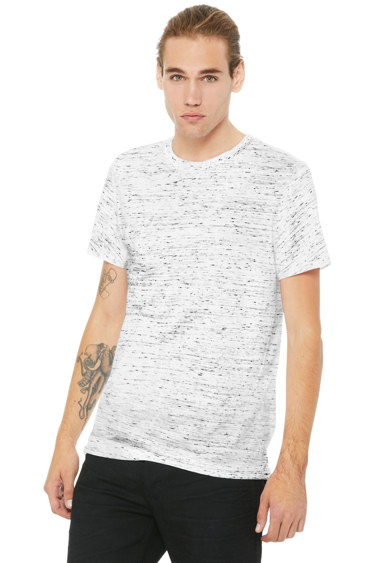 Front View of White Marble BELLA+CANVAS Unisex Poly-Cotton Short Sleeve Tee. BC3650