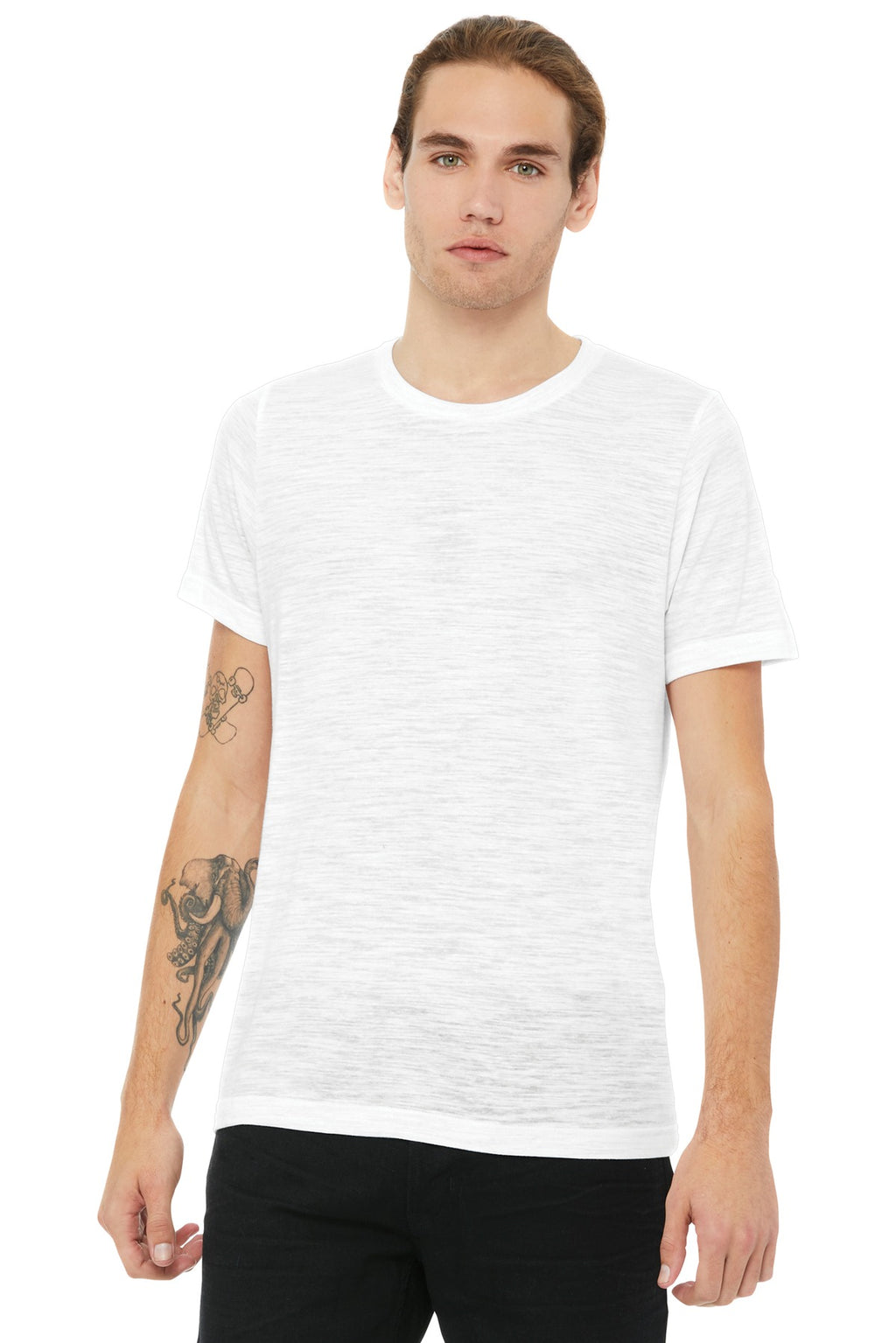 Front View of White Slub BELLA+CANVAS Unisex Poly-Cotton Short Sleeve Tee. BC3650