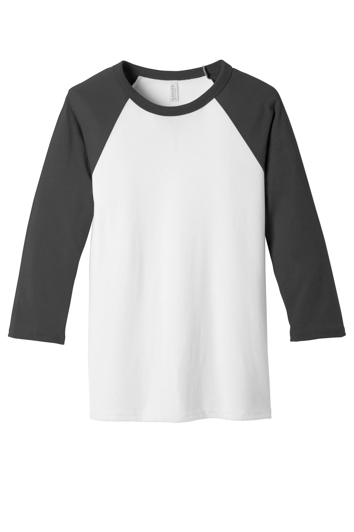 Front View of White/Asphalt BELLA+CANVAS Unisex 3/4-Sleeve Baseball Tee. BC3200