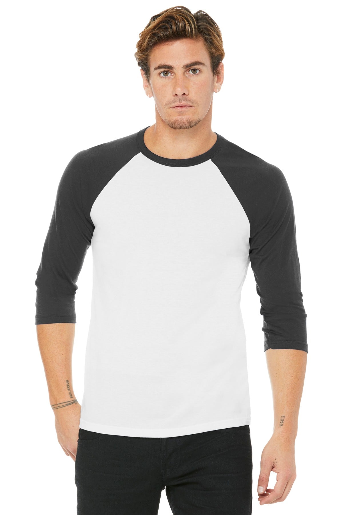 Front View of White/Asphalt BELLA+CANVAS Unisex 3/4-Sleeve Baseball Tee. BC3200