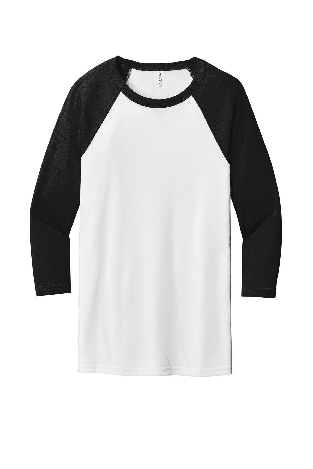 Front View of White/Black BELLA+CANVAS Unisex 3/4-Sleeve Baseball Tee. BC3200