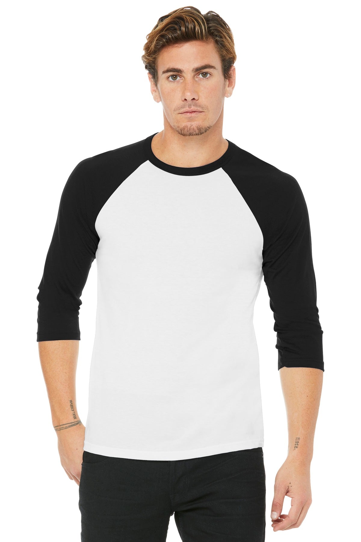 Front View of White/Black BELLA+CANVAS Unisex 3/4-Sleeve Baseball Tee. BC3200