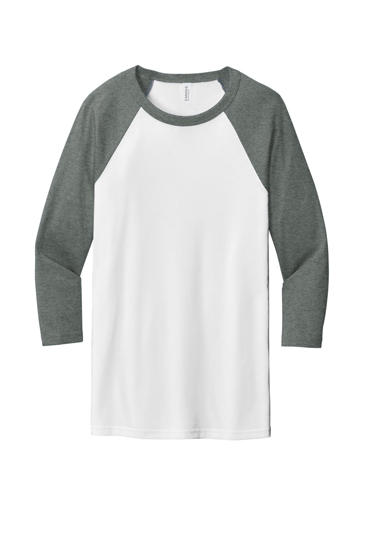 Front View of White/Deep Ht BELLA+CANVAS Unisex 3/4-Sleeve Baseball Tee. BC3200
