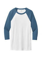 Front View of White/Denim BELLA+CANVAS Unisex 3/4-Sleeve Baseball Tee. BC3200