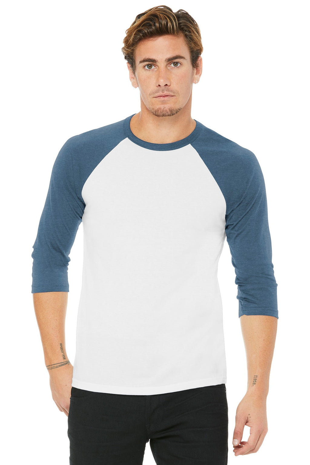 Front View of White/Denim BELLA+CANVAS Unisex 3/4-Sleeve Baseball Tee. BC3200