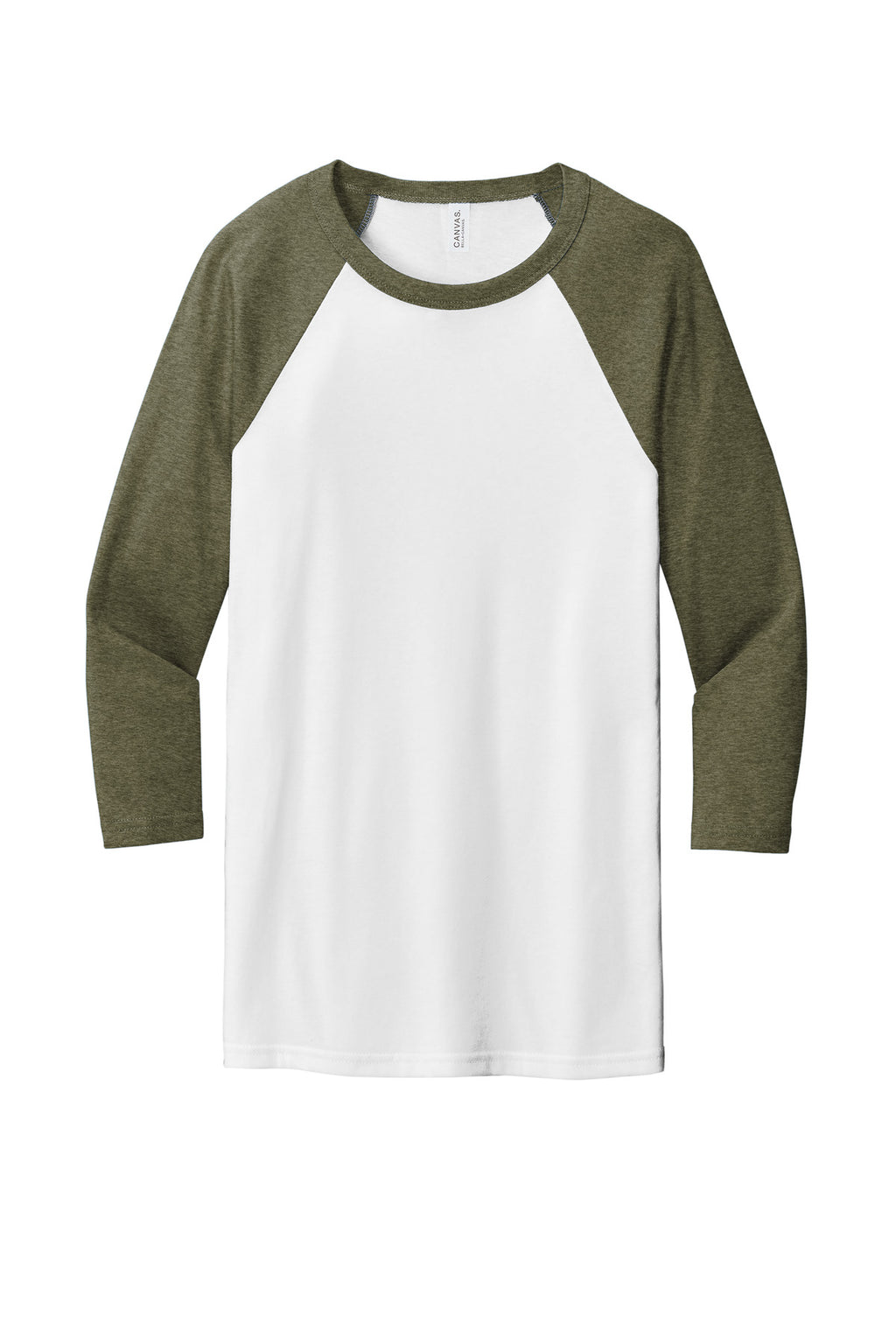 Front View of White/Ht Olive BELLA+CANVAS Unisex 3/4-Sleeve Baseball Tee. BC3200