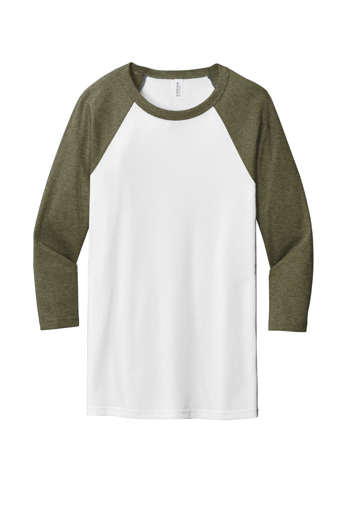 Front View of White/Ht Olive BELLA+CANVAS Unisex 3/4-Sleeve Baseball Tee. BC3200