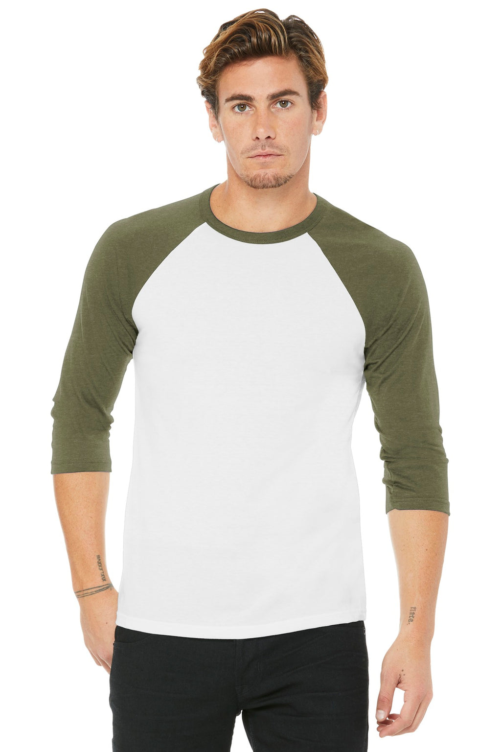 Front View of White/Ht Olive BELLA+CANVAS Unisex 3/4-Sleeve Baseball Tee. BC3200