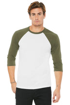 Front View of White/Ht Olive BELLA+CANVAS Unisex 3/4-Sleeve Baseball Tee. BC3200